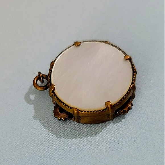 Antique 1800s Mother of Pearl Tambourine Pendant w/Moving Parts. ¾" - Picture 7 of 10
